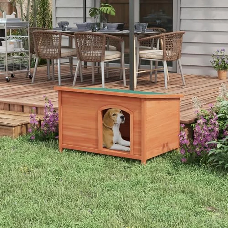 PawHut Hundehütte aus Holz Kleintierhaus mit Asphaltdach, erhöhtem Design für Outdoor Grau 100 x 65,5 x 68 cm – Bild 2