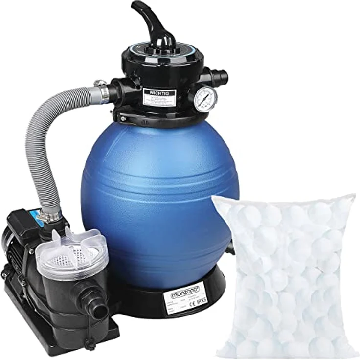 Sandfilteranlage 9.960 l-h mit Vorfilter Sandfilter Filteranlage Poolfilter + 700g Filterbälle Polysphere Filterwatte Filter Balls – Bild 2