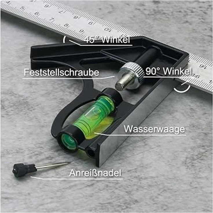 Sintron Kombinationswinkel 30cm, Lineal mit abnehmbarer Wasserwaage, verstellbarem Anschlag zum Markieren von 45° und 90° Winkel – Bild 3