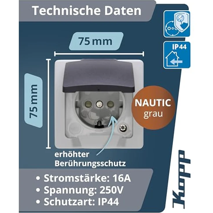 Kopp Abdeckrahmen 107856005, Aufputz-Feuchtraum Schutzkontakt-Steckdose mit Klappdeckel, grau, IP44, 16A – Bild 2