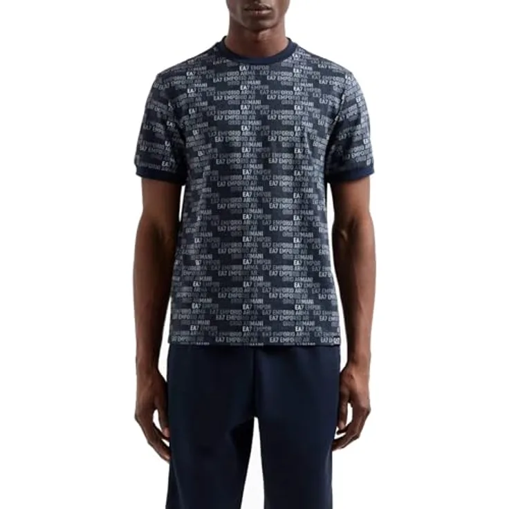 Emporio Armani Herren T-Shirt mit Rundhalsausschnitt und Allover-Monogramm, Blau, Größe M