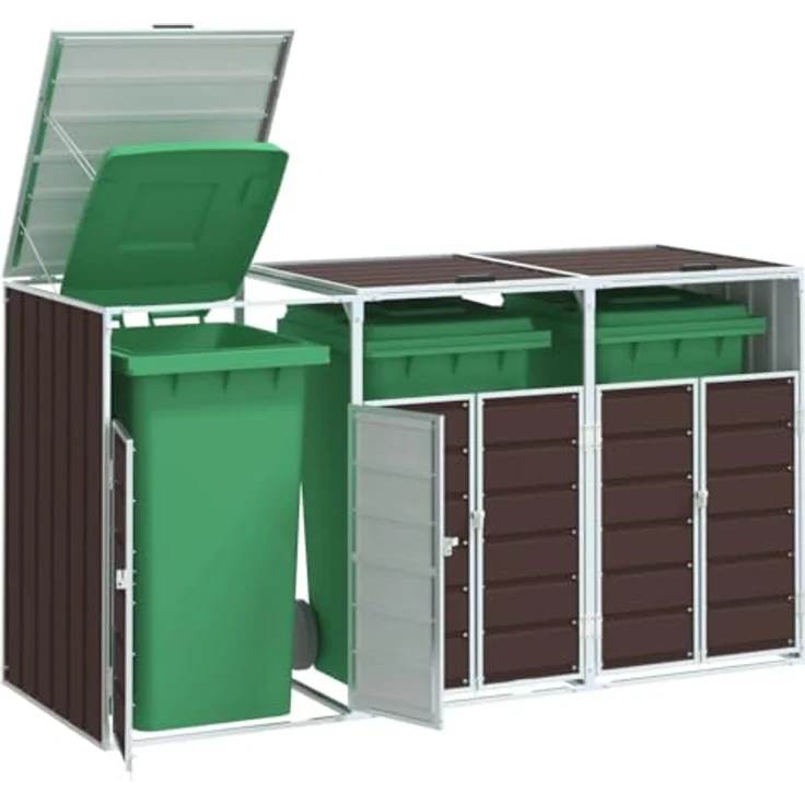 vidaXL Mülltonnenschuppen mit 3 Behältern, Stahl, braun, 216 x 81 x 115 cm, für den Außenbereich, mit praktischem Deckelmechanismus und guter Belüftung – Bild 2