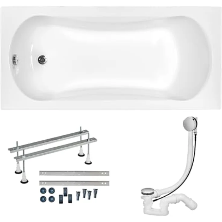 KOLMAN Badewanne ARIA Rechteck 150x70 ohne Verkleidung, Ablaufgarnitur und Füßen Komplettset 3in1 Premium Original Acryl Wanne Siphon, Reinweiß, 139 Liter Fassungsvermögen – Bild 1