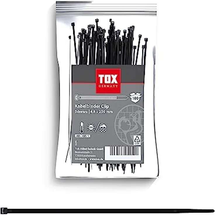 TOX Kabelbinder Clip, Schwarz, UV-beständig, universell einsetzbar im Innen- und Außenbereich, zur sicheren Befestigung im Haus, Büro und Garten, Größe 4,8 x 250 mm, 100 Stück, 099600027