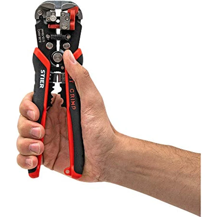 STIER Automatik-Schneid-, Crimp- und Abisolierzange mit Stromprüfer, Kabelabisolierer, Kabel Abisolierwerkzeug, Entisolierzange, cable cutter, wirestripper, Entmantler, ergonomisch isoliert, schwarz/rot – Bild 4