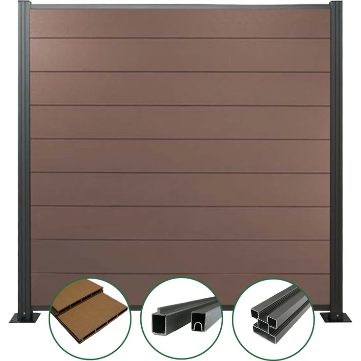 Woodstore24 WPC Sichtschutzzaun, braun, Komplettset mit 4 Zaun-Elementen und 5 anthrazit Pfosten, 185 cm x 180 cm, langlebig und pflegeleicht