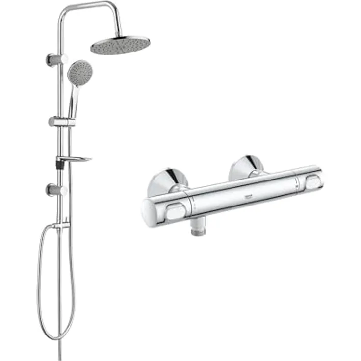 Belvit GROHE QuickFix Precision Flow Thermostat Duschset, Regendusche Ø 20 cm, Handbrause Mehrstrahl, Duschstange 85 cm, SafeStop 38° C, EcoJoy wassersparend, Wandmontage, Chrom Grau