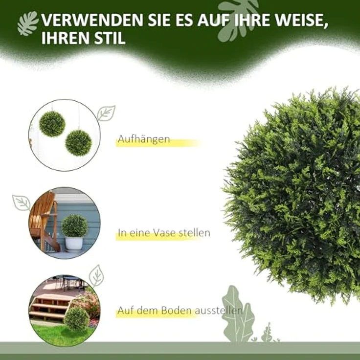 HOMCOM 2er-Set Künstliche Zeder, 45 cm pflegeleichte Kunstpflanze für Innen- und Außenbereich, grün – Bild 3