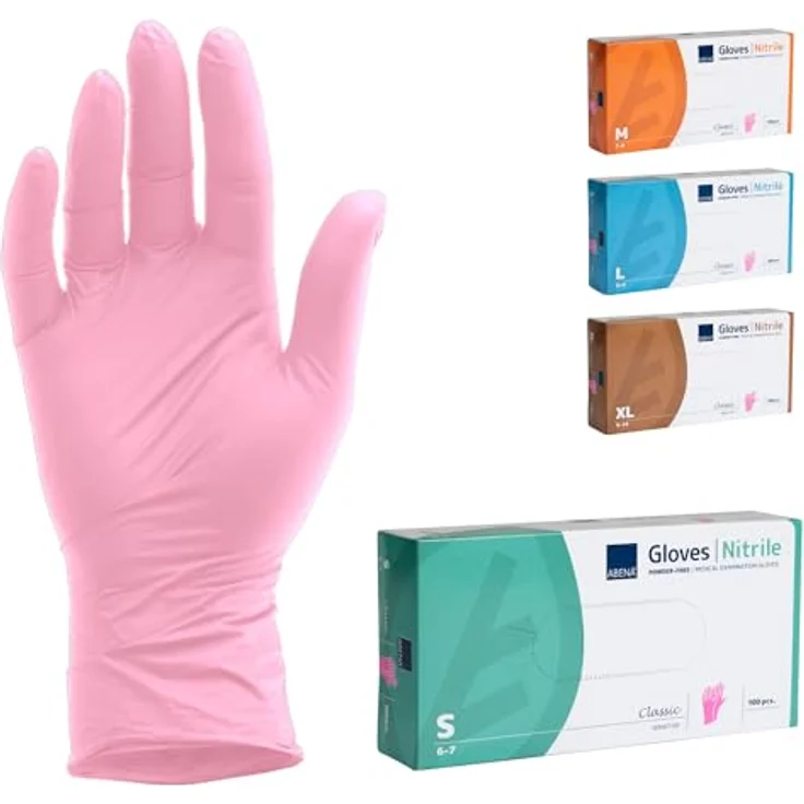 ABENA Nitrilhandschuhe S, 100 Stück – puderfreie & latexfreie Einmalhandschuhe in Rosa, reißfest, lebensmittelecht, texturierte Fingerspitzen für besseren Halt – Bild 1