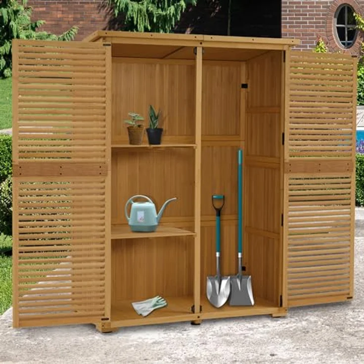 M MCombo Gartenschrank Holz, Gartenhaus Klein Wetterfest, Outdoor Gerätehaus Geräteschuppen, für Außenbereich Balkon Terrasse, 59×127×168 cm, 0901D (Natur) – Bild 2