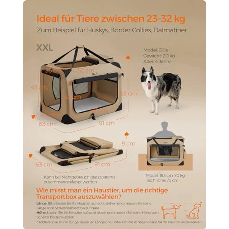 Feandrea Hundebox faltbar, Transportbox Hund, XXL, atmungsaktiv, tragbar, Metallrahmen, 91 x 63 x 63 cm, Kamelbraun – Bild 3