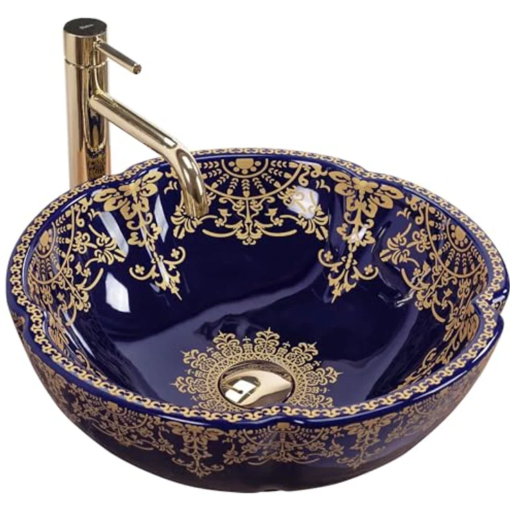 Rea Aufsatzwaschbecken Marina Blue, Badezimmerwaschbecken aus Keramik (blau/gold) – Bild 1