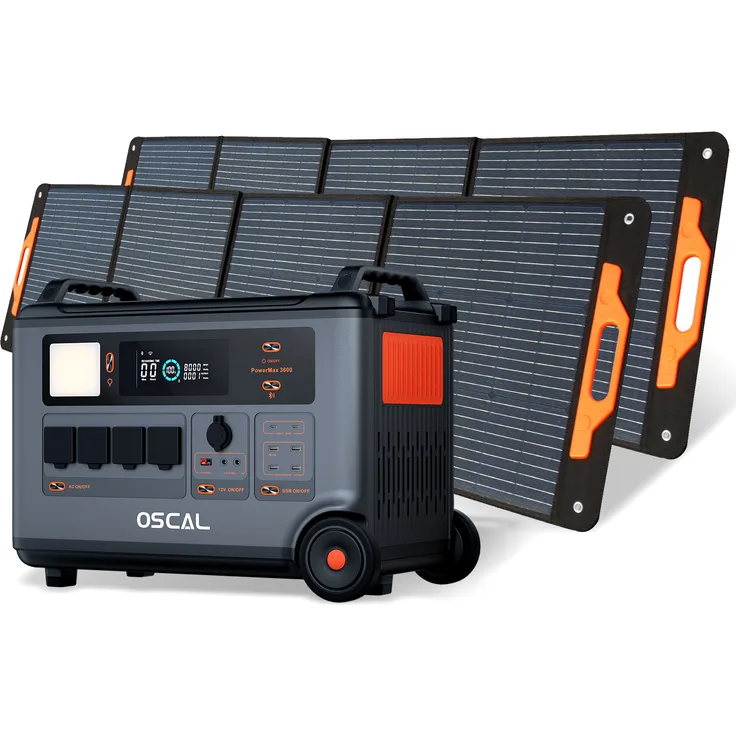 OSCAL PowerMax 3600W, tragbare Powerstation mit 3600Wh, 14 Ausgängen, LiFePO4 Solarspeicher, 2xPM200 Plus faltbare Solarpanels, LED-Licht