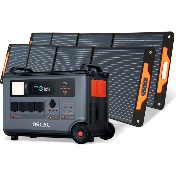 OSCAL PowerMax 3600W, tragbare Powerstation mit 3600Wh, 14 Ausgängen, LiFePO4 Solarspeicher, 2xPM200 Plus faltbare Solarpanels, LED-Licht