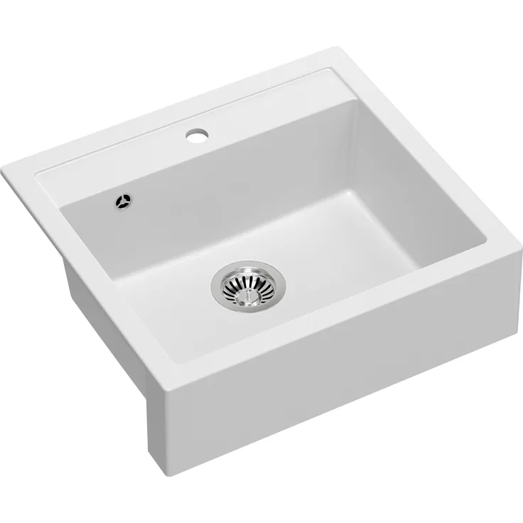 QUADRON BILL 110, 2-Becken Spüle, Granitspüle aus GraniteQ, 59,5 x 54 x 20,5 cm, Weiß + Stahl mit Siphon