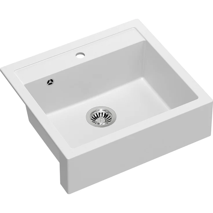 QUADRON BILL 110, 2-Becken Spüle, Granitspüle aus GraniteQ, 59,5 x 54 x 20,5 cm, Weiß + Stahl mit Siphon