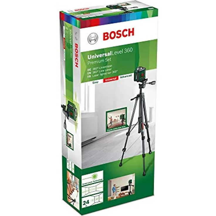 Bosch Kreuzlinienlaser UniversalLevel 360 (Stativ und Klemme, grüner Laser, Arbeitsbereich: bis zu 24 m, Genauigkeit: ± 0,4 mm-m, selbstnivellierend: bis ± 4°, 4x AA-Batterien, im Karton) – Bild 2