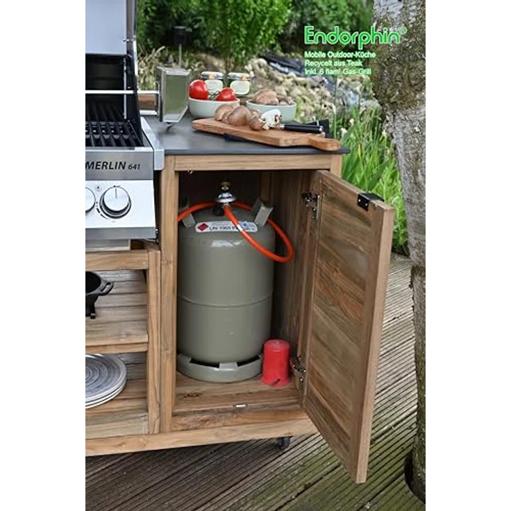 Endorphin Gasgrill Mobile Outdoor-Küche aus recyceltem Teak inkl. 6 flam. Gas-Grill, mit urban carbon Arbeitsplatte – Bild 7