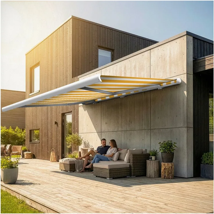 Eclipse Kassettenmarkise elektrische Vollkassettenmarkise, 3x2,5m Weiß, Smarthome-fähiger Dooya Motor, UV-Schutz 50+