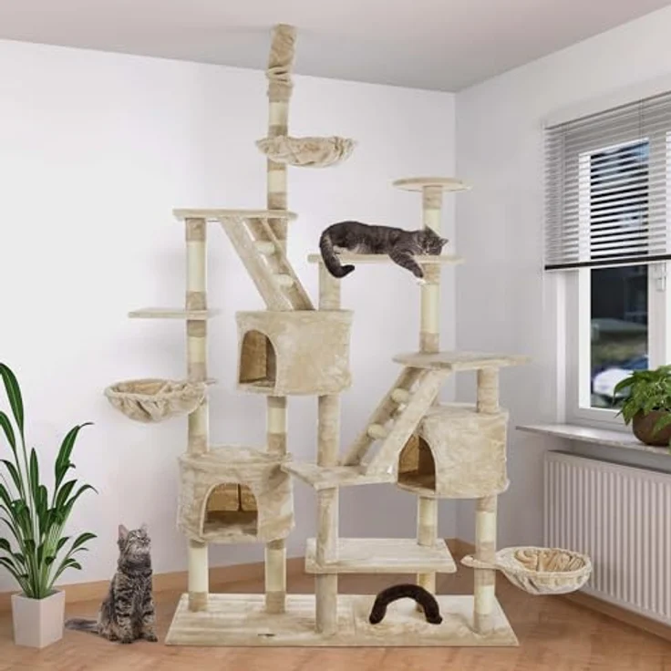 HAPPYPET Kratzbaum deckenhoch 260 cm hoch, höhenverstellbar von 230-260 cm, großer XXL Kletterbaum Katzenbaum für Katzen, 8 cm stabile Säulen mit Sisal, Häuser mit Treppen Liegemulden, Beige – Bild 2