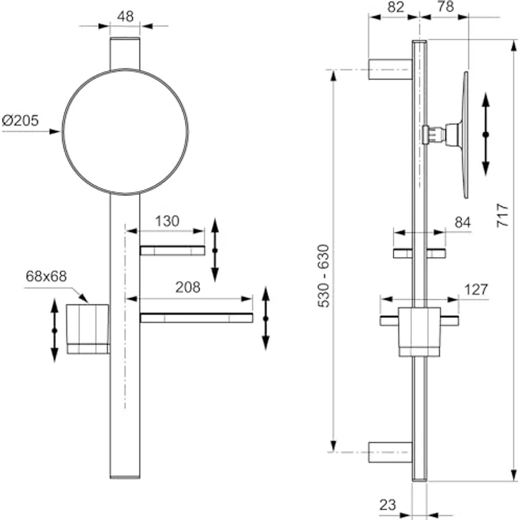 Ideal Standard Beauty Kosmetikspiegel-Set Bar, matt schwarz, höhenverstellbare Wandhalterung, inkl. 205 mm Kosmetikspiegel und herausnehmbaren Ablagen – Bild 7
