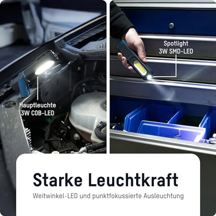 ANSMANN LED Arbeitsleuchte, wiederaufladbare Taschenlampe mit Magnetfuß und Haken, 350lm, 7h Leuchtdauer, USB aufladbar, robust und stoßfest für Werkstatt, Camping und KFZ – Bild 2