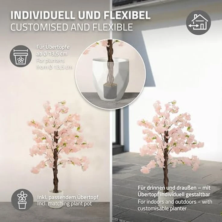 ML DESIGN Künstlicher Kirschblütenbaum 120 cm Rosa, naturgetreue Kunstpflanze mit echtem Holzstamm im Topf, pflegeleichte Deko für Innen & Außen – Bild 4