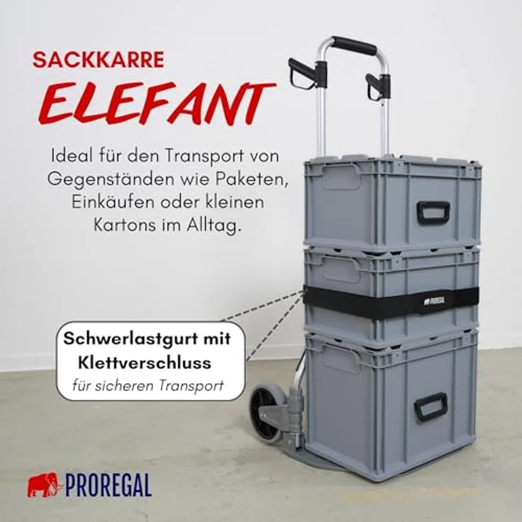 PROREGAL® Profi-Sackkarre ELEPHANT Traglast 250kg Alurahmen ergonomische Griffe Gummiräder, klappbare Schaufel 48x34cm, TPR-Gummiräder, Schwerlastgurt, Klettverschluss – Bild 2