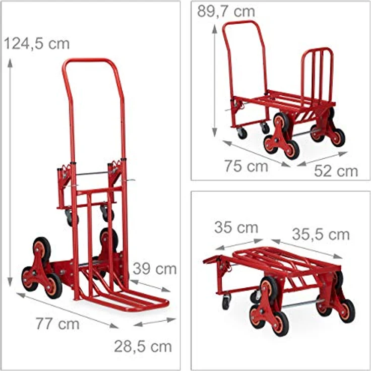 Relaxdays Treppensteiger bis 50 kg/150 kg Traglast, multifunktionale Transportkarre, 2in1, Profi, rot, Standard – Bild 4