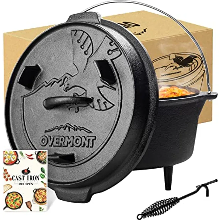 Overmont Dutch Oven Feuertopf Eingebrannter Gusseisen Kochtopf mit Füßen Doppelfunktion Deckel Deckelheber E-Book für Garten Lagerfeuer Camping Größe M