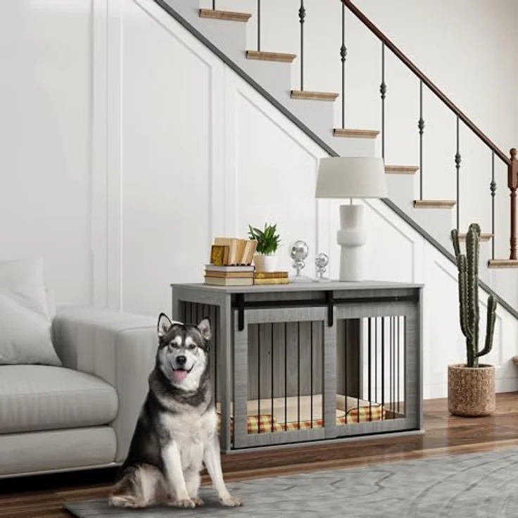 PawHut Hundekäfig für Zuhause, Abschließbar Hundehütte mit Eingang, Hundebox mit Schiebetür, Hundehaus für große Hunde unter 30 kg, Grau, 98 x 58 x 61 cm – Bild 2