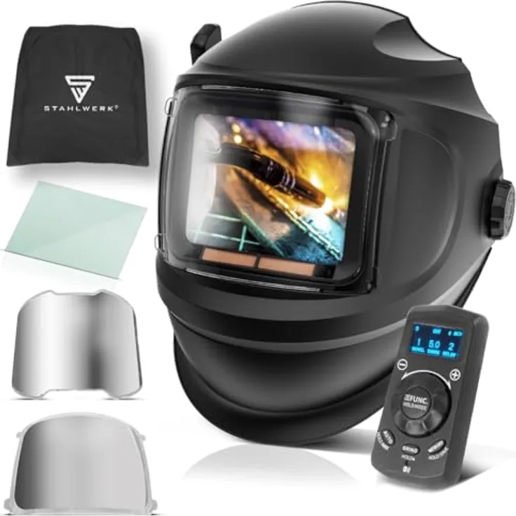 STAHLWERK Automatik-Schweißhelm MASTER 3-in-1, True-Colour-Echtfarbwiedergabe, Jobspeicher, Fernbedienung, klappbares Visier, DIN 4 bis DIN 14, Optische Klasse 1/1/1/1