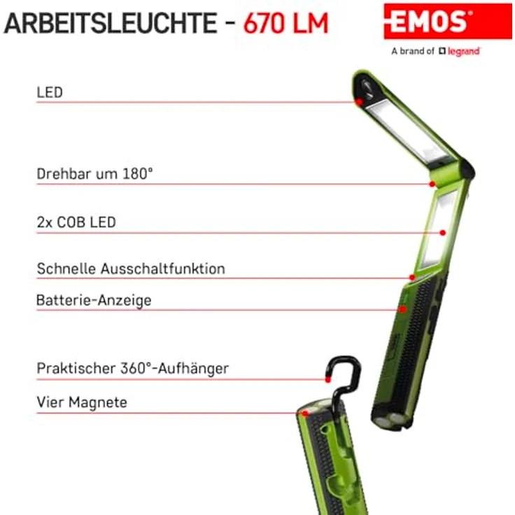 Emos LED Taschenlampe P4535, wiederaufladbar (670 lm, schwarz-grün) – Bild 3