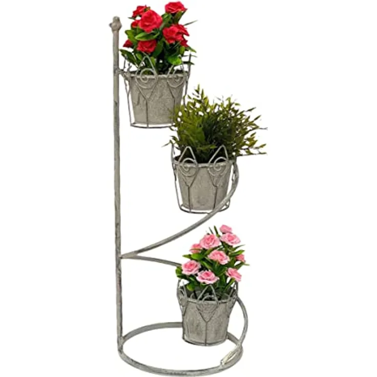 DanDiBo Blumentreppe Innen Metall Weiß Grau Rund 75 cm Blumenständer mit 3 Töpfe 96131 Blumenständer Blumensäule Pflanzenständer Balkon Vintage