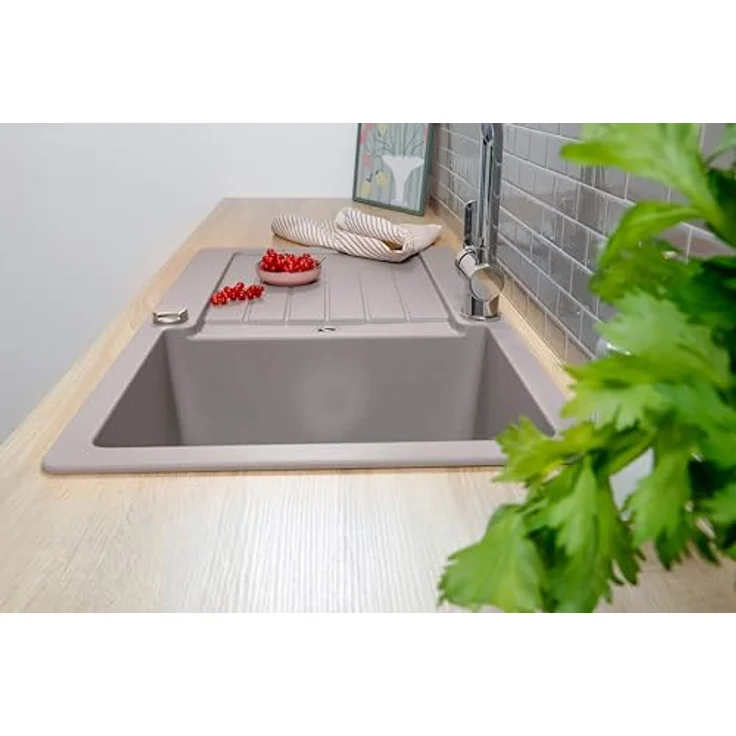 Respekta Austin Massivgranit Spüle, 86 x 50 cm, hitzebeständig, abgeschrägte Abtropffläche, einbau- und unterbaumontage, 1 Becken, für Unterschränke ab 45 cm, grau – Bild 4