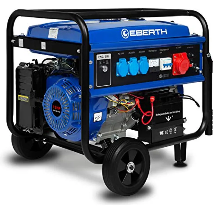 EBERTH 5500 W Stromerzeuger SM1-ER5500-3F, 13 PS 4-Takt Benzinmotor mit E-Start und 3-Phasen Anschluss