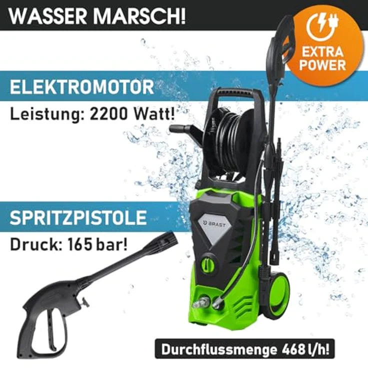 BRAST Hochdruckreiniger Elektro Power 2200W, 165 bar, 468 l/h Fördermenge, inkl. 11-tlg. Zubehörset, mobiler Flächenreiniger, 10m Hochdruckschlauch mit Schlauchtrommel – Bild 2