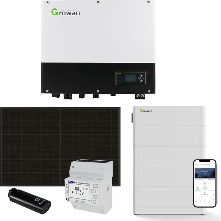 Growatt 10kWp PV Komplettanlage mit 10,2kWh Speicher, enthält 3-phasigen 10kW Hybrid-Wechselrichter, WiFi-Stick, Hochvolt-Batteriemanagement, Basis für Hochvolt-Speicher, 4 Hochvolt-Speichermodule, Verbindungskabelset und 25x 400W Sunpro Mono Full Black Solarmodule