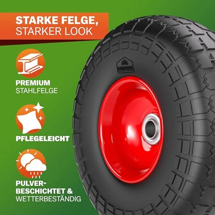 Gardebruk Sackkarre Ersatzrad 2er Set, pannensichere PU Reifen mit pulverbeschichteten Stahlfelgen, schwarz/rot, bis 200 kg belastbar – Bild 6