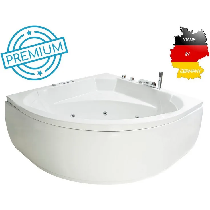 Basera® Whirlpool-Badewanne PREMIUM Korfu 155 x 155 cm, (Komplett-Set), mit 25 Massagedüsen, Heizung, Ozongenerator, Wasserfall, LED, Touch, weiß