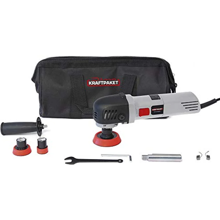 Dino KRAFTPAKET 640244 710W Rotations Poliermaschine stufenlos im Set mit 3 Stütztellern (30,50,74mm) Verlängerungsadapter Tasche für Auto KFZ Boot Heimwerker, Grau – Bild 4