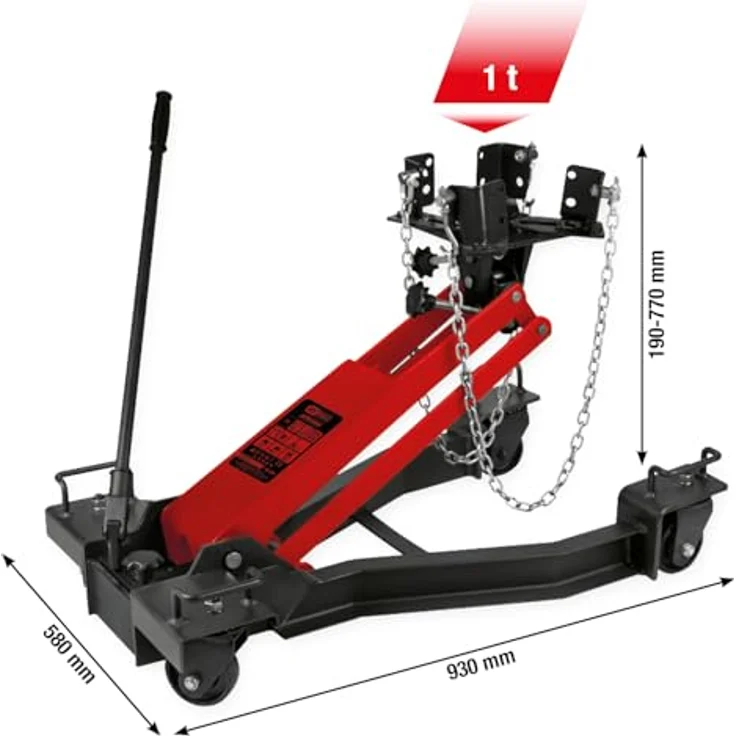 KS Tools Hydraulischer Getriebeheber mit verstellbarer Aufnahmeplatte, Tragkraft 1 t, stufenlos einstellbare Hubhöhe von 19-77 cm, inklusive Halteschienen und Überlastschutz – Bild 2