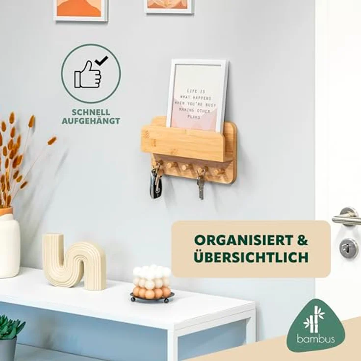 eluno Schlüsselkasten Schlüsselbrett mit Ablage und 5 Schlüsselhaken aus Bambus, modernes Design, zur Wandmontage – Bild 3