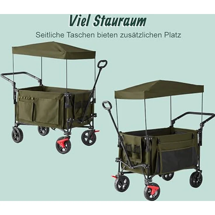 Relaxdays Bollerwagen, faltbar, 150 kg Traglast, mit Dach, Teleskop- und Schiebegriff, Gummireifen mit Bremse, grün – Bild 5