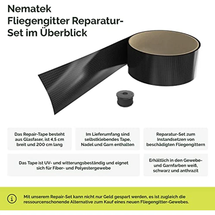 Nematek - Fliegengitter Reparatur Set - Fliegengitter Reparatur Klebeband - Reparaturband für Moskitonetz, Insektenschutz Tür und Fliegengitter Fenster - in verschiedenen Farben (Schwarz) – Bild 3