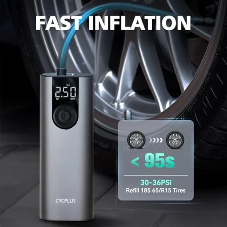 CYCPLUS A8 Luftpumpe Max 150PSI, Tragbare Mini Reifenpumpe mit LED Licht, USB-C-Anschluss, Wiederaufladbarer Li-Ionen-Akku, Grau – Bild 2