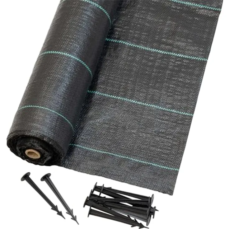 Jardinion Unkrautvlies 100g/m² 25m, wasserdurchlässige Unkrautfolie mit hoher UV-Beständigkeit, schwarz, inkl. 20 Erdanker GRATIS