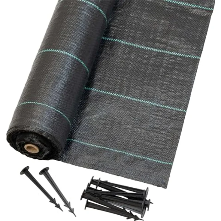 Jardinion Unkrautvlies 100g/m² 25m, wasserdurchlässige Unkrautfolie mit hoher UV-Beständigkeit, schwarz, inkl. 20 Erdanker GRATIS – Bild 1