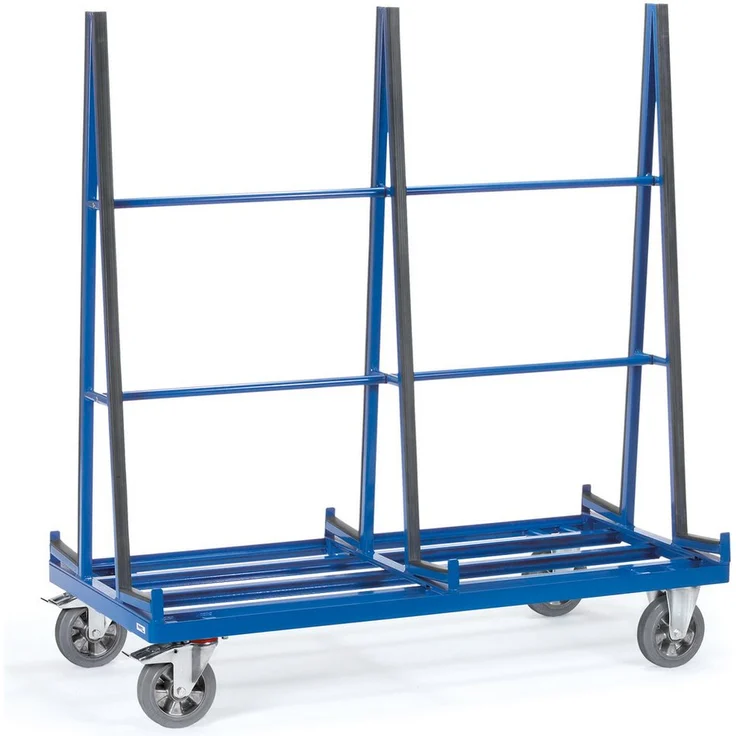 FETRA Plattenwagen 4474, beidseitige Anlage für den sicheren Transport von Glasscheiben und Platten, pulverbeschichtet in blau RAL 5007, mit Vollgummi-Elastic-Bereifung