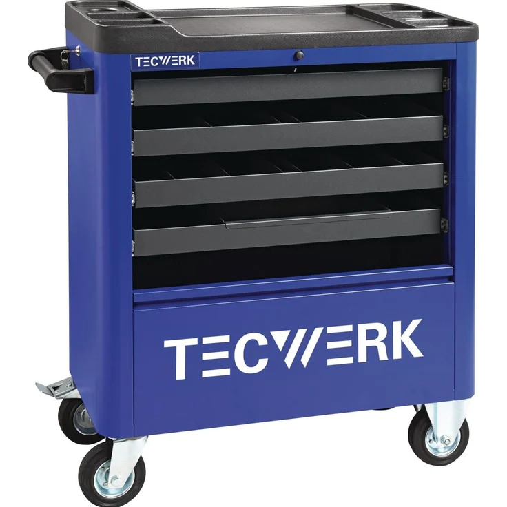 Tecwerk Werkzeugwagen + Montagewagen, robuster Werkstattwagen mit 4 beidseitig herausziehbaren Schubladen, abschließbar, pulverbeschichtet, große Arbeitsplatte, 300 kg Tragfähigkeit